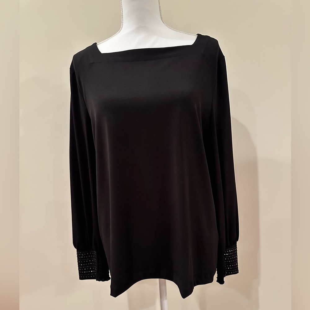 Chico's Black Square Neck Blouse with Embellished Cuffs